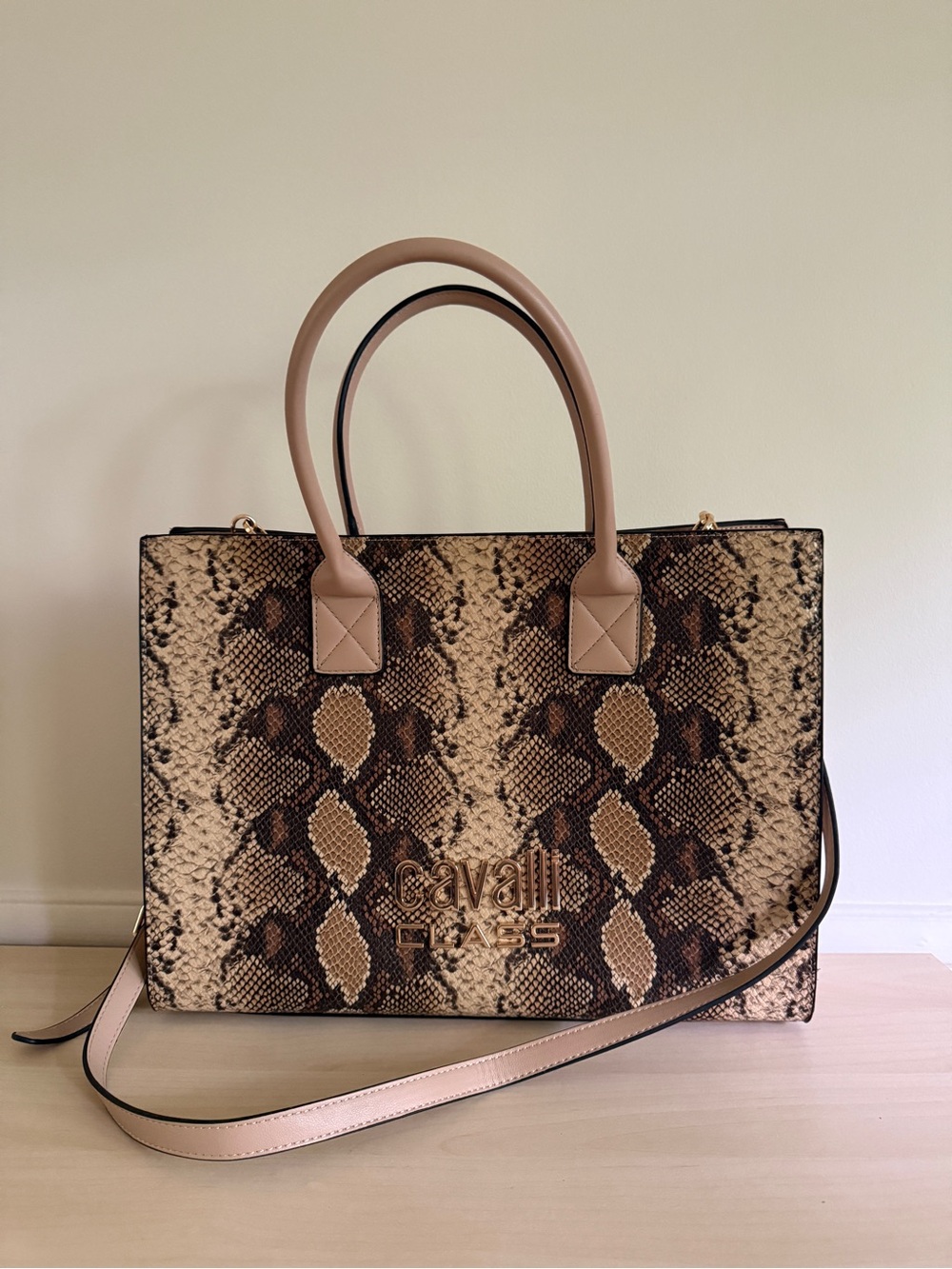 Cavalli Class Snake-Print Tote in Beige and Brown